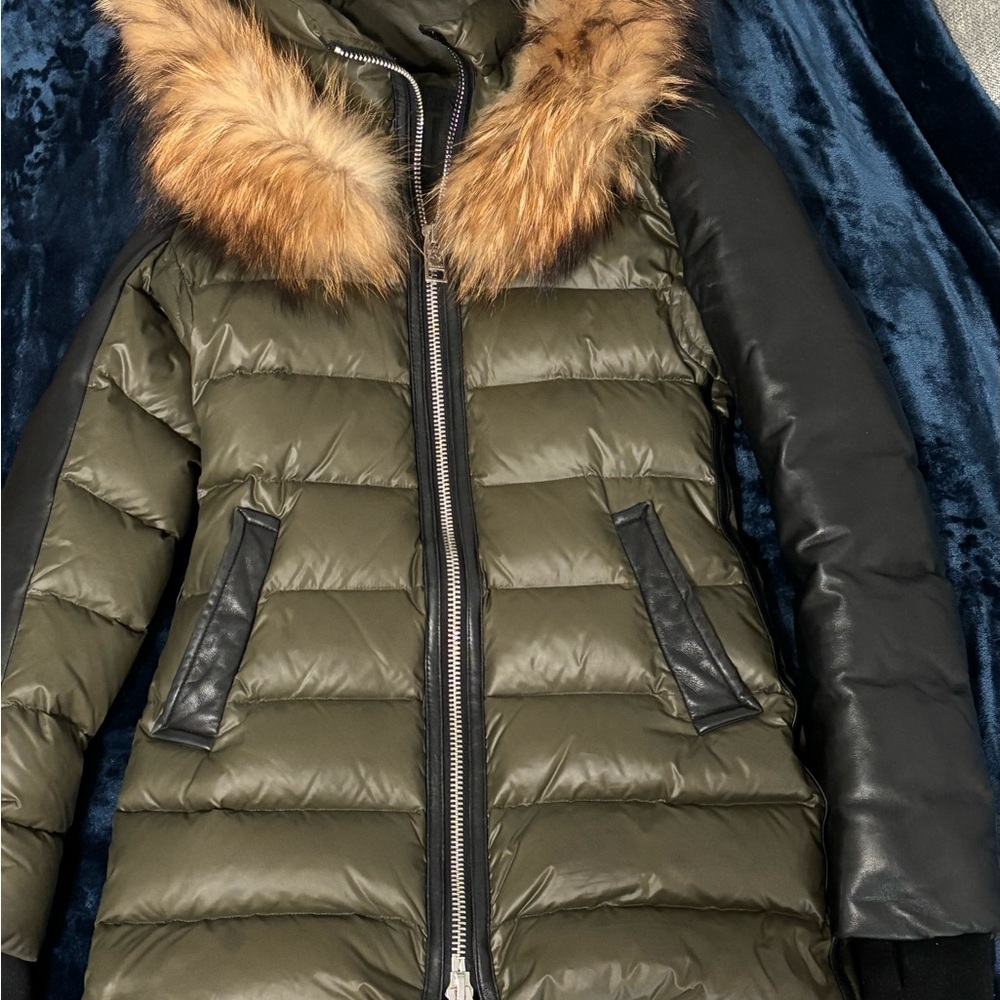NB Series by Nicole Benisti Green and Black Puffer Jacket with Fur Trim